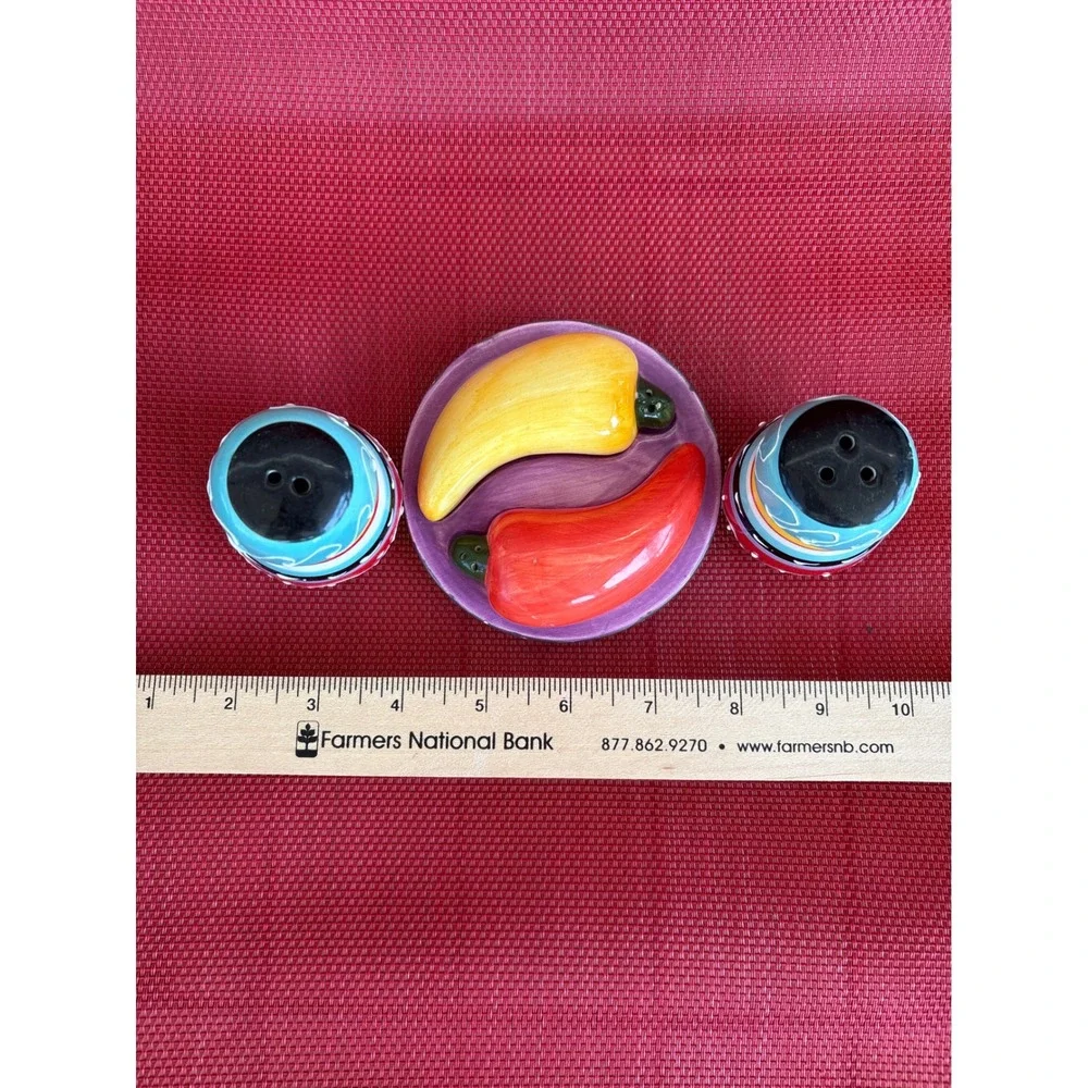 Colorful Ceramic Salt and Pepper Shaker Set with Chili Pepper Tray 5 Piece Set